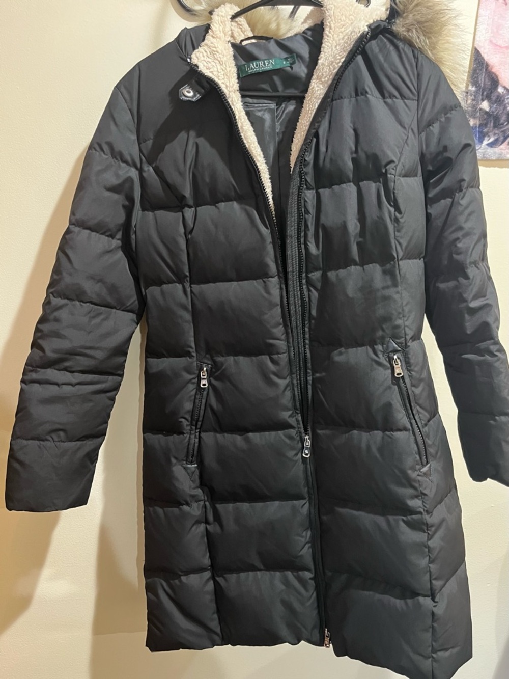 Ralph Lauren Black Quilted Long Puffer Coat with Faux-Fur Hood Trim